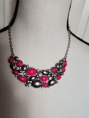 Source Unknown Hot Pink and Silver Statement Bib Necklace - Women Jewelry